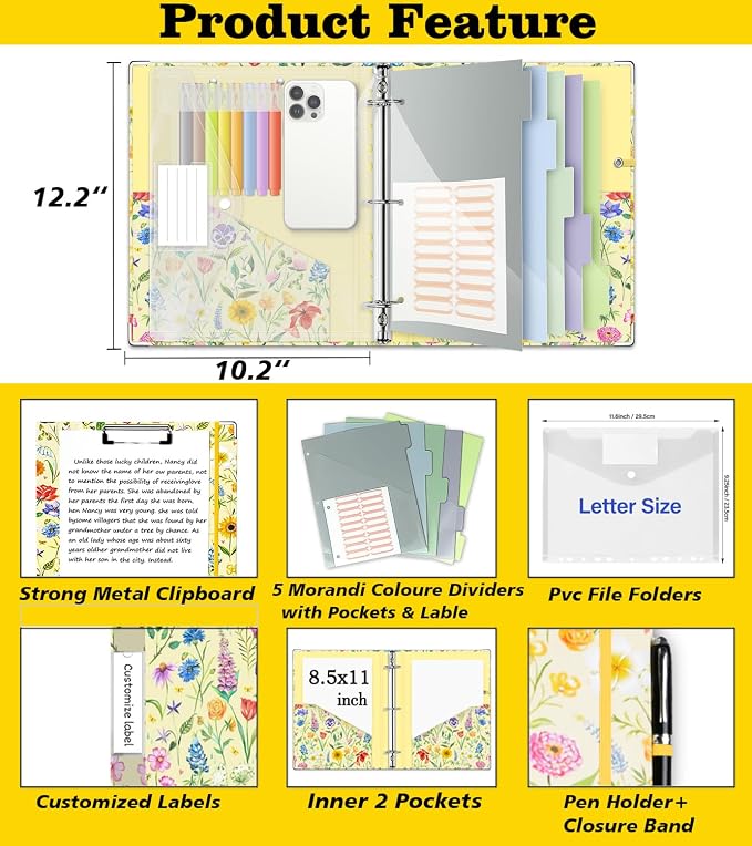 3 Ring Binder 1 Inch, Three Ring Binders Organizer with Clipboard, 5-Tabs Pockets Dividers, Plastic Folder, 18 Divider Stikers, KLLVE Cute Binder with Pen Loop (Garden Party, Letter Size)