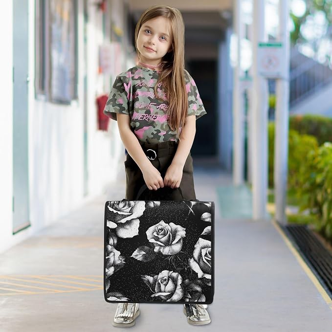 Black and White Roses 3 Ring Binder Bag 1.5 inch Binder Organizer with Zipper Shoulder Strap 500 Sheet Documents Storage for School Office