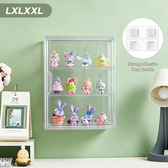 LXLXXL Acrylic Display Case 3 Tier Wall-Mounted for Collectibles, 1 Pack | Dual-use Tabletop＆Wall Mount with Adhesive Buckles, Magnetic Door,2 Removable Partitions,Tool-Free Assembly for Collectibles