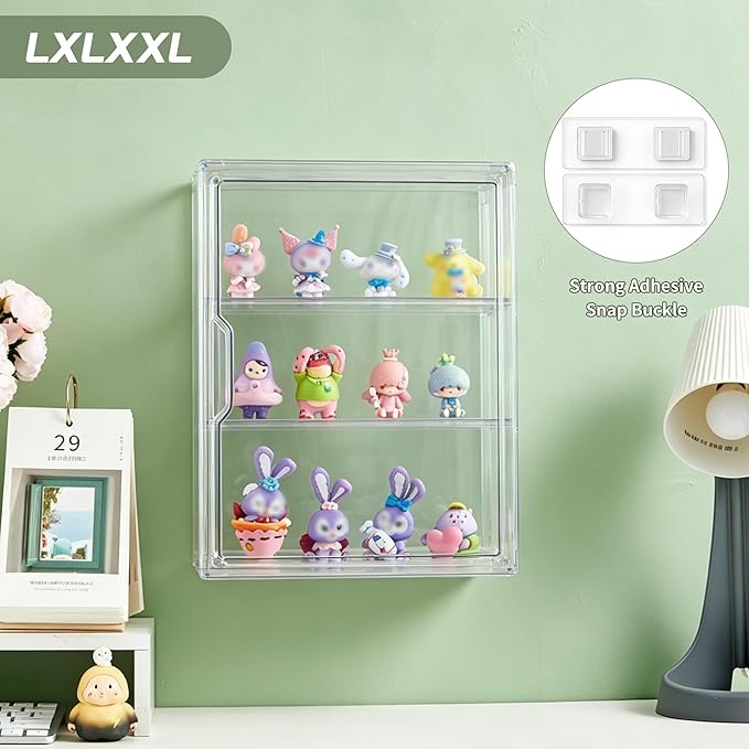 LXLXXL Acrylic Display Case 3 Tier Wall-Mounted for Collectibles,4 Pack | Dual-Use Tabletop＆Wall Mount with Adhesive Buckles, Magnetic Door, 3 Removable Partitions,Tool-Free Assembly for Collectibles