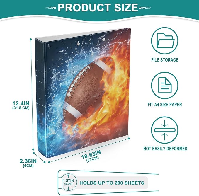 3 Ring Binder American Football 1.5" Round Ring Binders View Binder with 200 Sheet for Kids School Supplies Women Men Office, 1 Pack