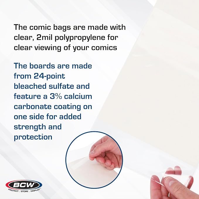 BCW Current Comic Book Bags and Backing Boards, 200 Count | Acid-free clear sleeves, 24-pt SBS support, 3% calcium carbonate buffer, fits modern issues, protects during storage