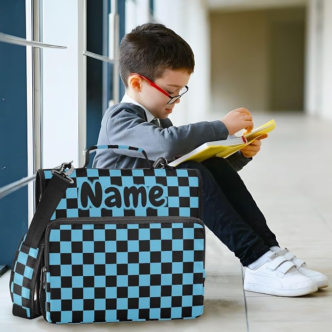 Custom Black Blue Checkered Pattern 3 Ring Binder Bag 1.5 inch Personalized Name Binder Organizer 500 Sheet Documents Storage for School Office