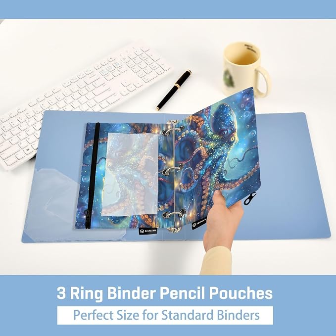 Octopus Galaxy Pencil Pouch for 3 Ring Binder, 2 Pack Waterproof Pencil Bags Clear Window Zipper School Office Supplies