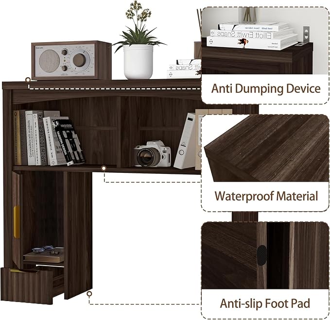 Desktop Shelf, Wooden Desk Hutch with Storage, Desktop Bookshelf | with Cabinet and Drawer, Office Desk Organizer, Space-Saving Organization, Over Desk Storage Shelves for Home, Dorm, Walnut