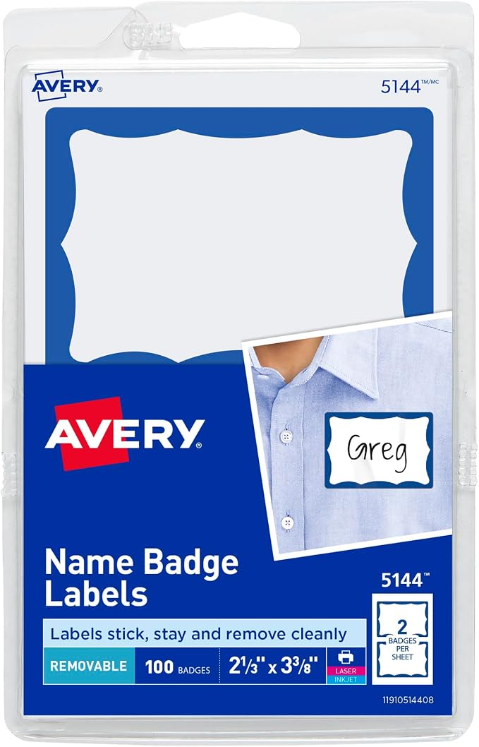 Avery Name Tags, White with Blue Border, Packs of 100 per Pack, 18 Packs, 1,800 Removable Name Badges Total (05144)