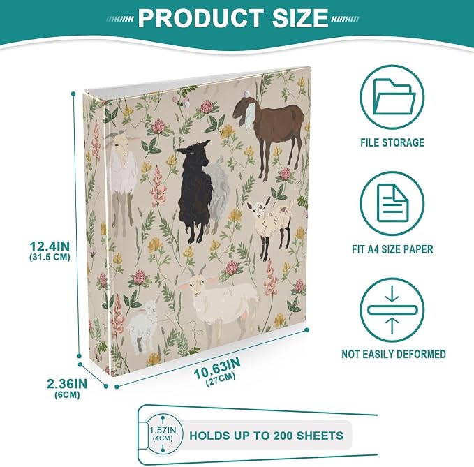 3 Ring Binder 1.5 Inch Goat and Flowers Light Beige Clipboards Binders with Interior Pockets Round Ring Binder for Office Supplies and School
