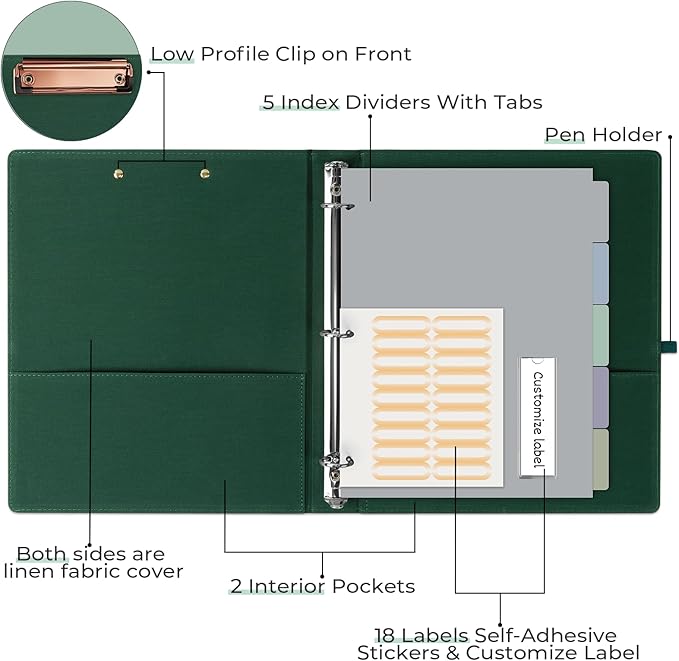 EYROZILL 3 Ring Binder, 1 Inch Linen Binder Organizer for Letter Size (8.5" x 11") with 5 Tab Dividers, File Folder Labels and Low Profile Clipboards, School and Office Supplies-Blackish Green
