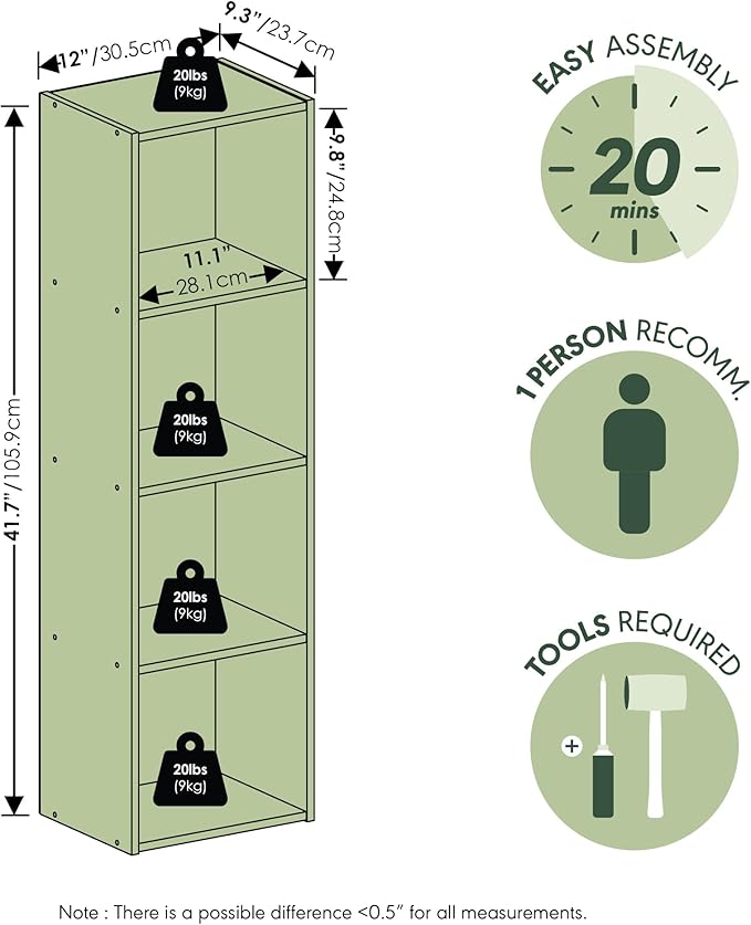 Furinno PASIR Book Shelf, 4-Tier Modern Bookshelf, Open Shelves Bookcase 9 x 12 x 42, Easy Assembly, for Living Room, Bedroom, Home Office, Green/White