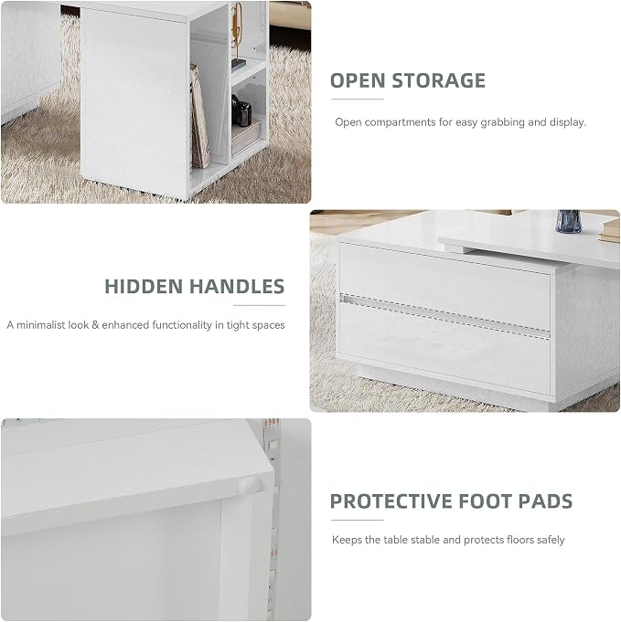 YITAHOME 35"-61" Extendable LED Coffee Table with 4 Drawers, White | Center Table with 4 Storage Drawers, Open Shelves, Sliding Extendable Top, LED Lighting, for Living Room Home Office