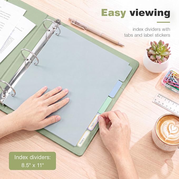 Ospelelf Vintage Hardcover 3 Ring 2 inch Leather Binder, Professional Binders Organizer Suitable for Letter Size, Binder Dividers with Tabs, Light Green