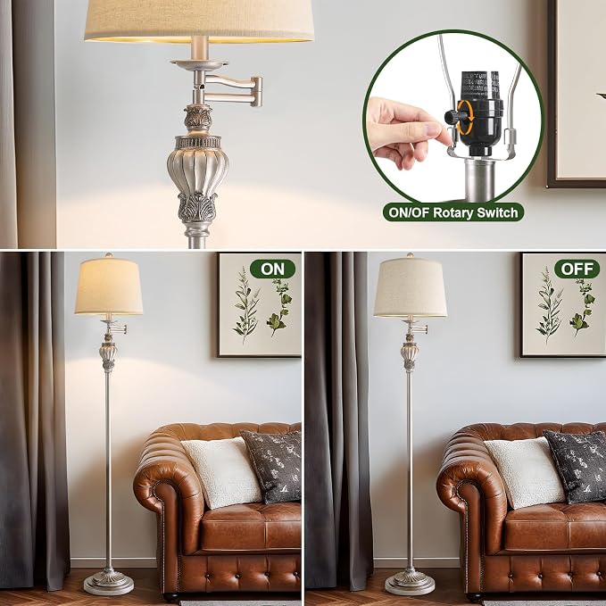 Vintage Floor Lamp with 350° Adjustable Swing Arm 61" Lamps for Living Room | Antique Standing Lamp, Retro Silver Bedroom Floor Lamp, Mid Century Farmhouse Rustic Traditional Brass Tall Swivel Pole Lamp