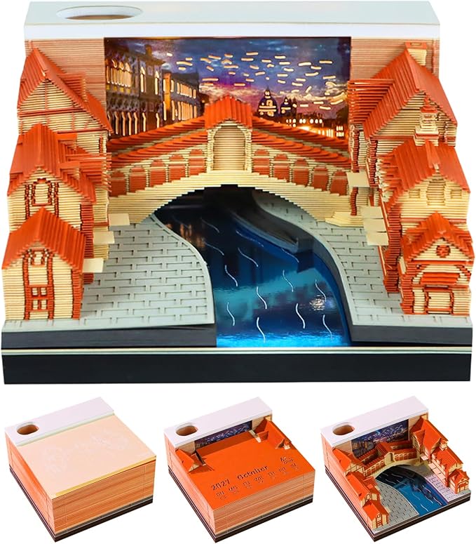 3D Time Piece Calendar, 2027 Desk Calendar With LED Light, 3d Tree Memo Pad Creative Desk Calendar, Christmas Gift for Colleague Friend, Desktop Decoration (Venice)