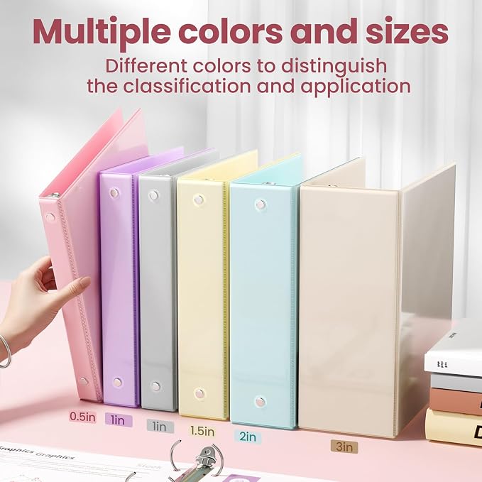 SUNEE 1 Inch Binders 3 Ring 6 Pack, Clear View Three Ring Binders PVC-Free (Fit 8.5x11 Inches) for School or Office Supplies, Pastel Binder