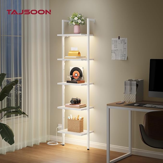 5 Tier Ladder Bookshelf with Light, Wall Mount Ladder Shelf White | Narrow Ladder Bookshelf with Storage, Thin Ladder Bookshelf with Metal Frame Ladder Shelf for Living Room, Bedroom, Office