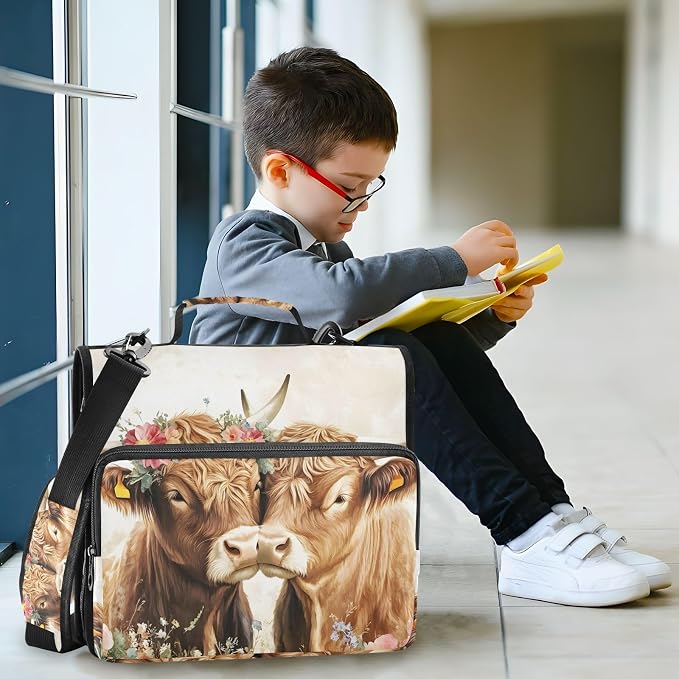 3 D-Ring Zipper Binder Bag, Two Highland Cows in Love Removable Binder with Zipper Case Hold 300+ Sheets& 13 Inch Laptop for School Office Supplies Organizer