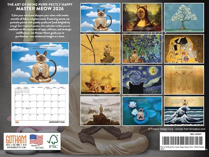 Master Meow Zen Cat Calendar 2026 Monthly Wall Calender 12 Month | American Made In The USA