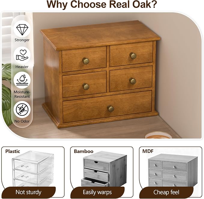 Oak Desk Organizer with Drawers, Durable Wooden Desktop Storage Box | 5 Drawer Tabletop Organizer with Metal Handles & Non-Slip Pads for Office, Bedroom, Bathroom, Vanity & Makeup Storage, Walnut