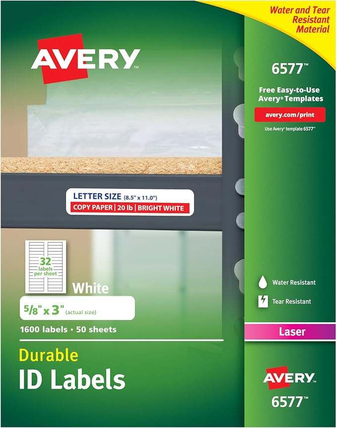 Avery Durable White Cover Up ID Labels for Laser Printers, 0.625" x 3", Pack of 1600 (6577)