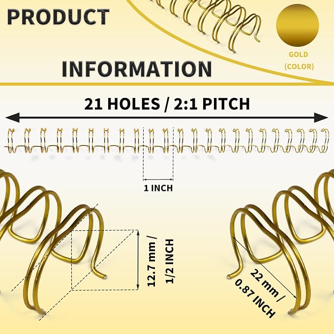 RAYSON Binding Wire Spines, 1/2 Inch, 21 Holes, 11 inch Length - 2:1 Pitch Double Loop Binding Wires Capacity 110 Sheets, Glod, 100 Per Box to Bind Reports and Projects