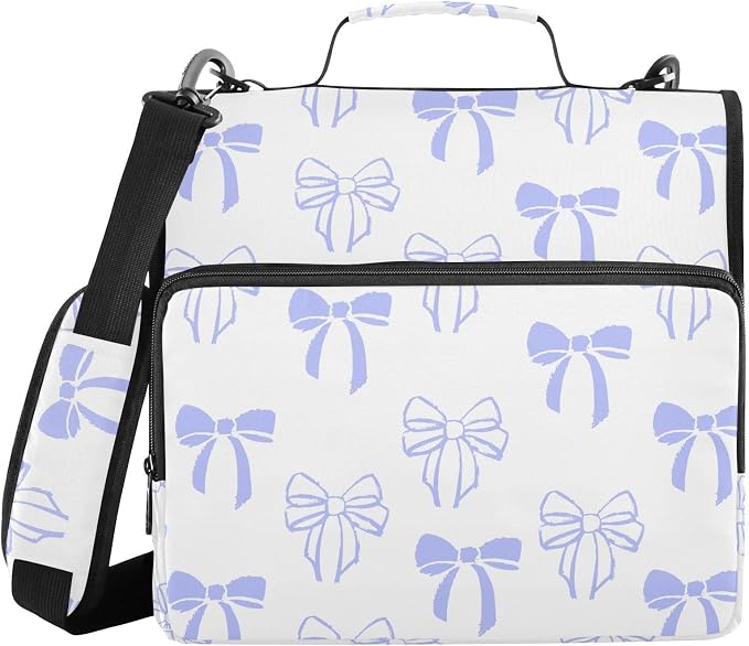 Bow Knot Purple Doodle Zipper Binder with Shoulder Strap Bag 3 Ring Binder Organizer Large Capacity Multiple Compartments for School Office