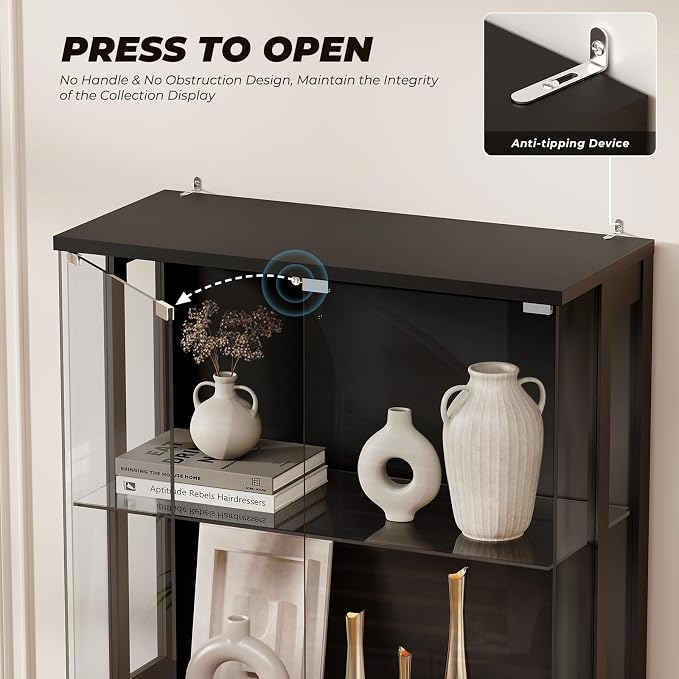 Glass Display Cabinet with Doors and Lights, 4-Tier Curio Cabinet, Black | Display Case with Transparent Full-Display Surface for Collectibles, Storage Cabinets with Human Body Sensor for Living Room