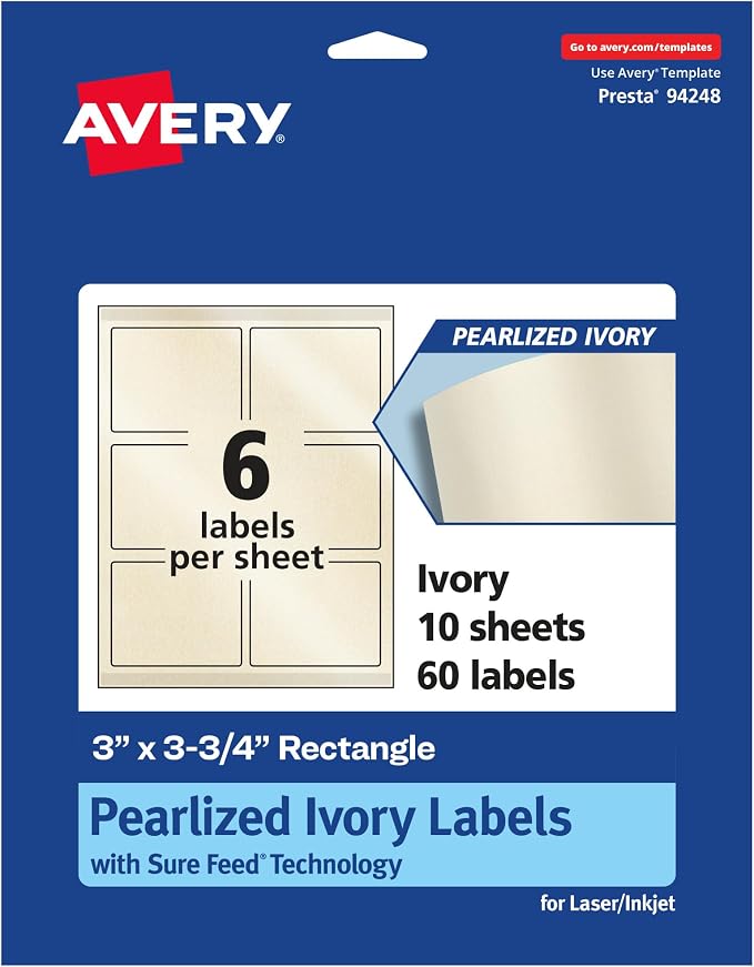 Avery® Pearlized Ivory Rectangle Labels, Sure Feed® Technology, Print-to-The-Edge, 3" x 3.75", 60 Pearlized Ivory Labels, Laser/Inkjet Printable