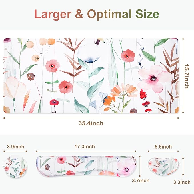 Large Gaming Mouse Pad Set, 4 in 1 Extended Keyboard Desk Mat with Wrist Rest, PC Computer Game Mousepad Set, Non-Slip Desk Pad Easy Typing Pain Relief for Home Office I Orange Flowers