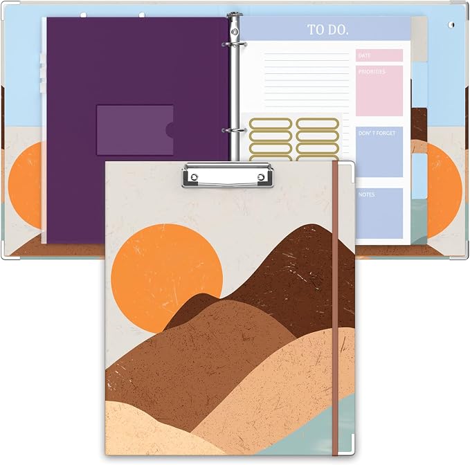 3 Ring Binder, 1 Inches Round Ring Binder with Clipboard, Dividers Tabs, PVC Zipper Bag Sleeves & to Do List Planners for Women, Men, School, Office Supplies, Mountain