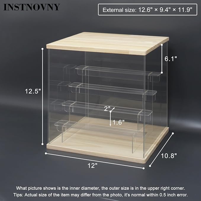 Clear Acrylic Display Case with Light 5 Tier Display Storage Box Assembly Dustproof Showcase for Collectibles Action Figures(Wood, 12.0*10.8*12.5inch)