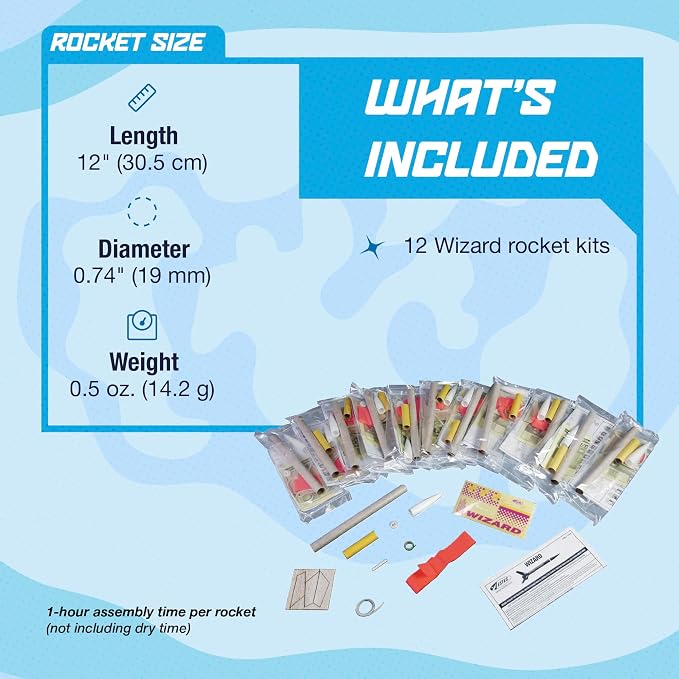 Estes 1754 Bulk Pack of 12 Wizard Rocket-Building Kits, Intermediate Flying-Rocket-Model Kits for Ages 10+, Classroom Science Experiments