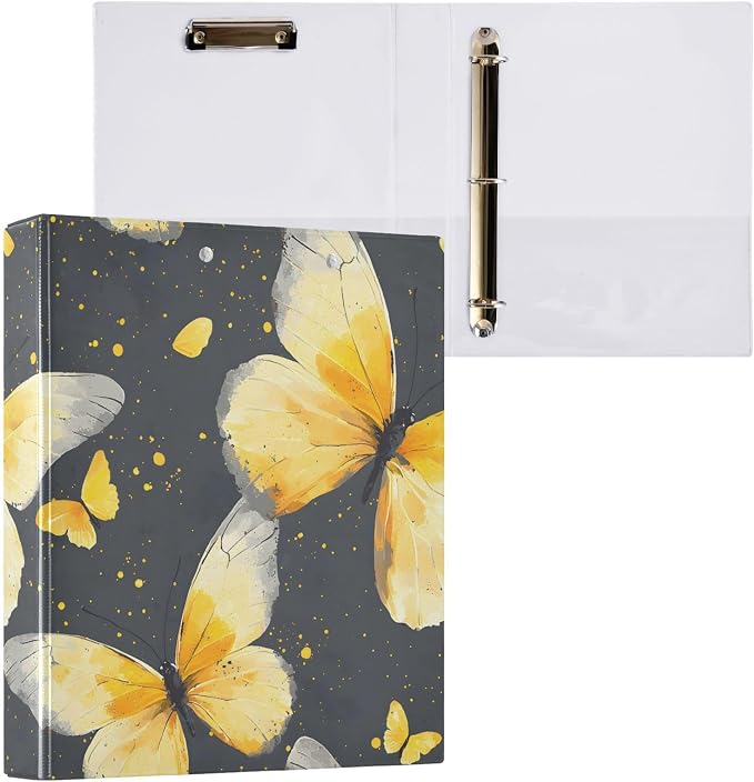 Butterfly Yellow Butterflies 3 Ring Binder with 2 Interior Pockets 1.5 inch Binders 3 Ring Heavy Duty Fit 8.5" x 11" Letter Size for Office School, 2 Pack