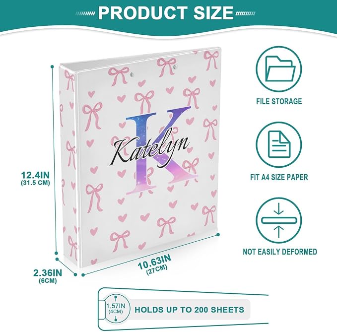 Aslsiy Customized Name 3 Ring Binder Personalized Girls Round Clipboard Binder Decorative Harcover Binders Organizer for Office Supplies