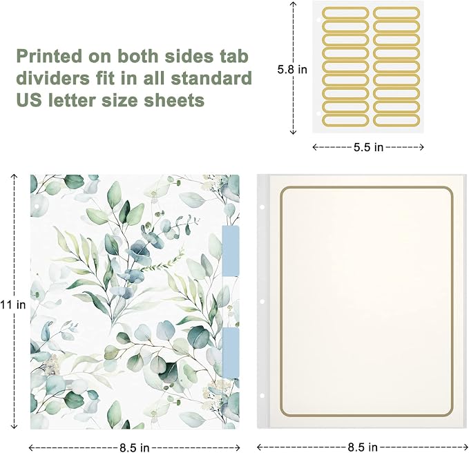 Rouidr 3 Ring Binder with clipboard, 1 inch 8.5 x 11 in Letter Size View Binders Organizer with Dividers Tabs & Clear Sleeves, School Supplies, Office Supplies, Eucalyptus Leaf