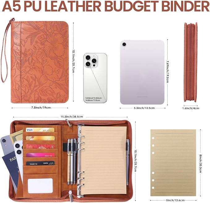 A5 Binder 6 Ring with Zipper, Portable Planner for Travel & Study | Faux leather A5 planner with detachable 6 rings, lined pages, pouches, card slots and pen holder for daily use.