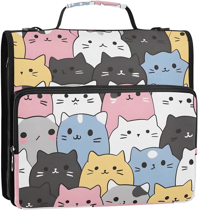 3 Ring Zipper Binder with Shoulder Strap Cats Cute Animal 1.5 inch Binders Keeper Large Capacity Multi Pockets for School Office Supplies