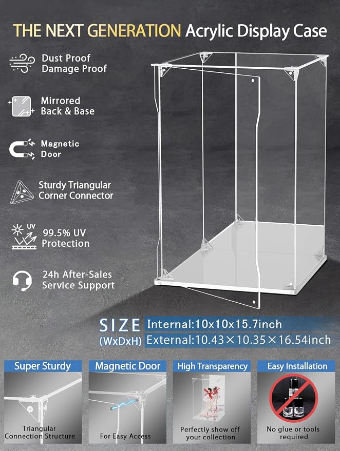 Clear Acrylic Display Case with Mirrored Back and Base, UV Protected Acrylic Box with Magnetic Door, Dustproof Display Box Showcase for Collectibles, Figures, Models, Toys (10x10x15.7inch)