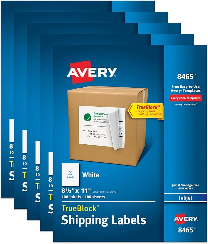 Avery® Full-Sheet Printable Shipping Labels, 8.5" x 11" Customizable Stickers, White, 500 Blank Mailing Labels, Great for Mailing, Shipping, Organizing, and More (5-Pack of 58465)
