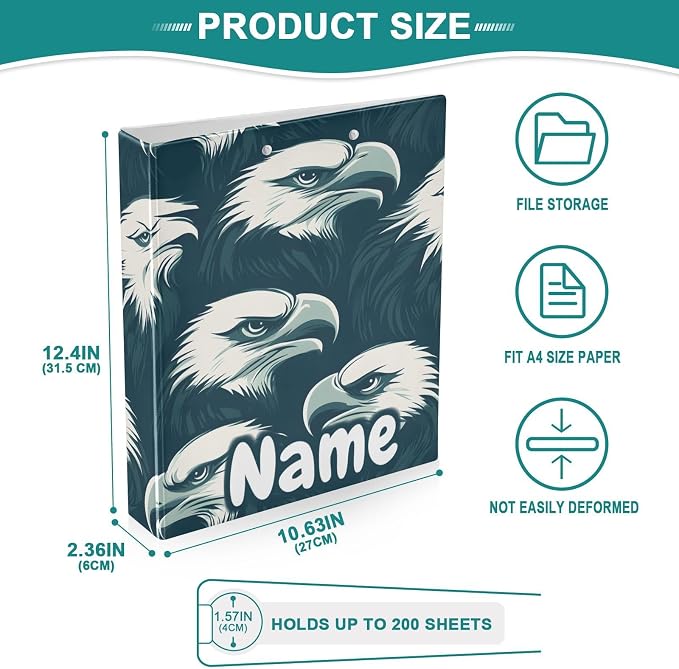 Custom 3 Ring Binder Eagles Head 1.5" Round Ring Binders Personalized Name View Binder with 200 Sheet for Kids School Supplies Women Men Office, 1 Pack