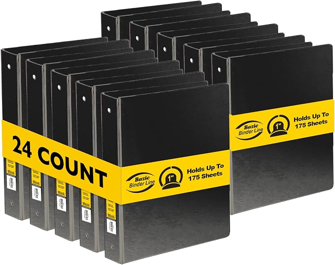 BAZIC Products 1" Black 3-Ring Binder, Round Ring, 2 Pockets, 24-Case | round rings, 1 in Black 3-ring binder, 2 inside pockets, holds up to 175 sheets, Durable poly cover