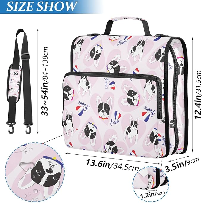 Personalized Cute French Bulldog 3 D-Ring Binder Bag Zipper Organizer | Multi-Pocket with Handle and Detachable Shoulder Strap Holds 500 Sheets for School Office Supplies