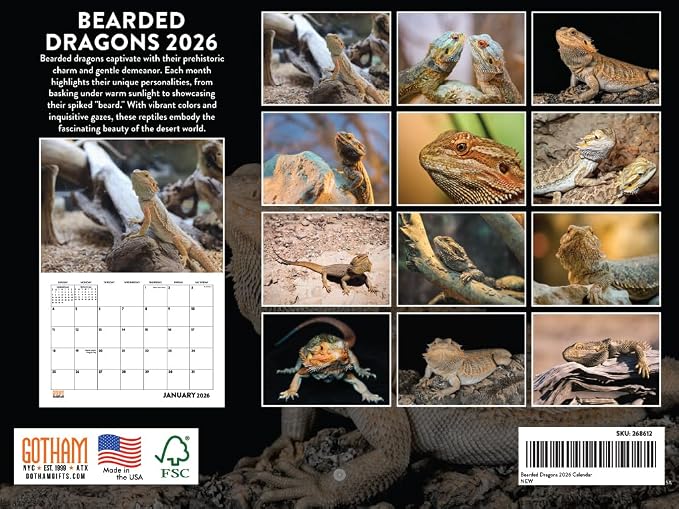 Bearded Dragon Calendar 2026 Monthly Wall Calender 12 Month | American Made In The USA