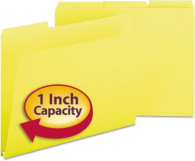 Smead Pressboard File Folder, 1/3-Cut Tab, 1" Expansion, Letter Size, Yellow, 25 per Box (21562)