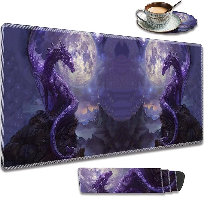 Extended Gaming Mouse Pad 31.5" x 11.8", with Edge Stitching, Non-Slip Rubber Base Keyboard Pad, Suitable for Work, Game, Office, Home and Coasters, Starry Purple Dragon