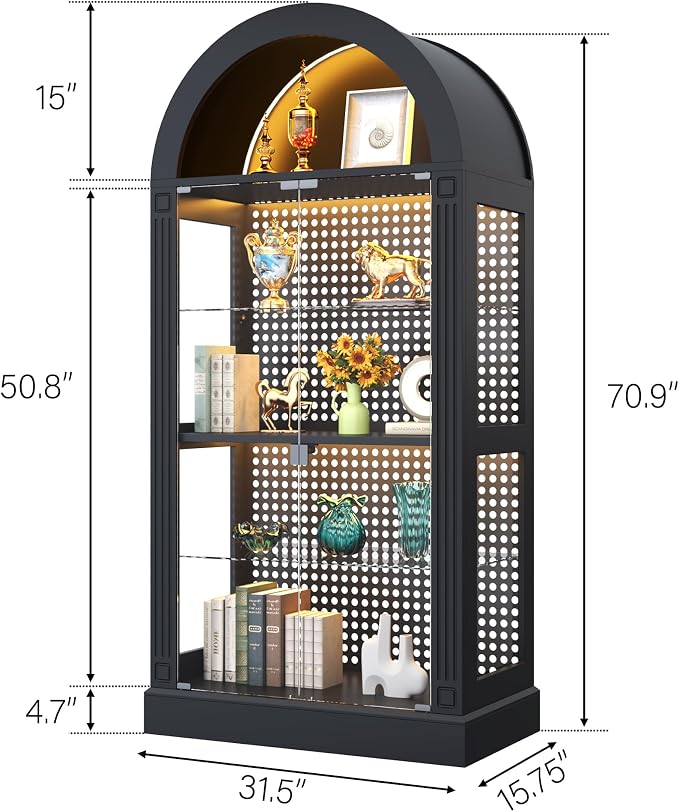 kepptory 71" Arched Display Cabinet with Glass Doors and LED, 5-Tier Curio Cabinet with Roman Line Design and Pegboard, Glass Display Case China Cabinet for Collectibles, Black