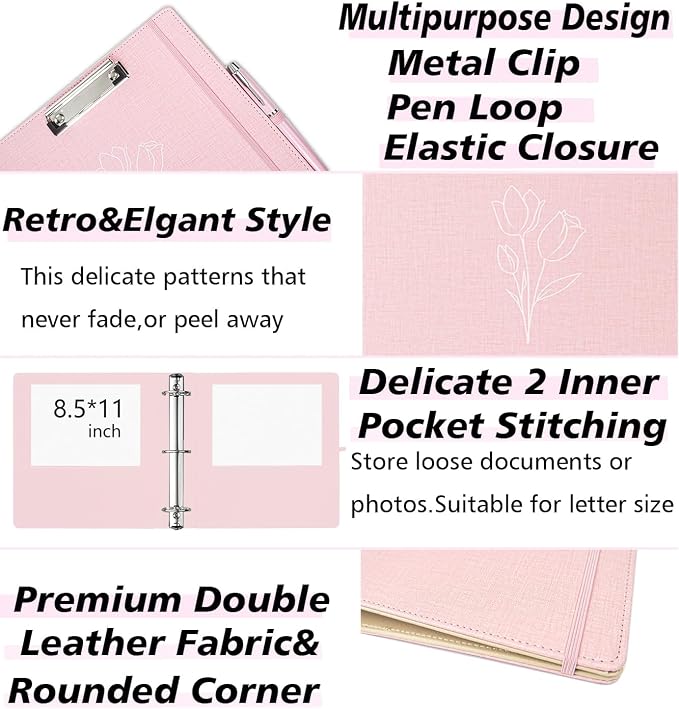 3 Ring Binder, 2 Inch Linen Binders Organizer for Letter Size (8.5" x 11") Paper with 5-Tabs Pockets Dividers, BVSSX Leather Three Ring Binders with Clipboard, Plastic Folder, Pen Loop - Pink Tulips