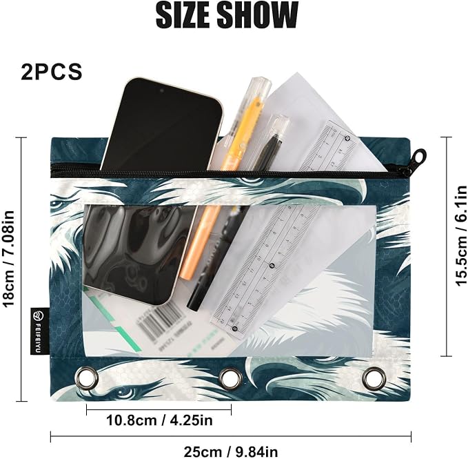 Eagles Head Pencil Pouch for 3 Ring Binder, 2 Pack Waterproof Pencil Bags Clear Window Pencil Case Zipper School Office Supplies