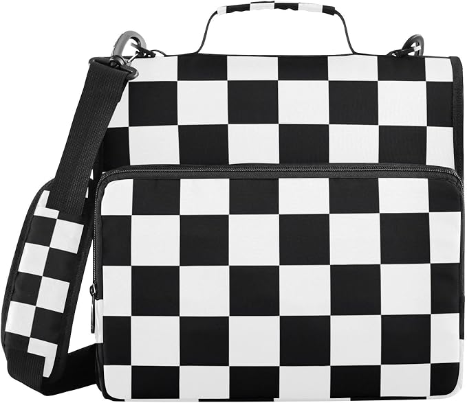 Checked Pattern Zipper Binder 3 Ring Binder with Shoulder Strap 500 Sheet Capacity Storage Organizer Trapper Keeper File Folder