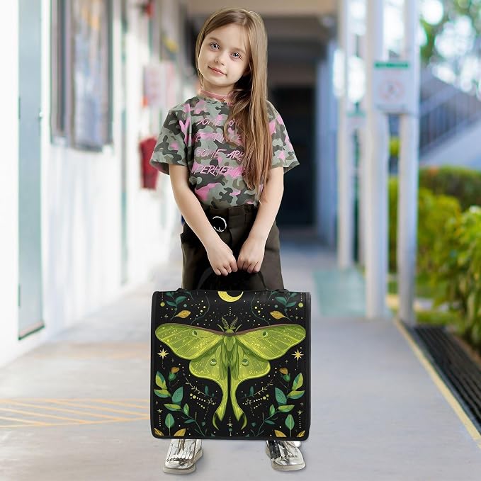 Custom 3 Ring Zipper Binder Mystical Green Moon Moth Boho Personalized Name 1.5 inch Binders Large Capacity Multi Pockets for School Office Supplies