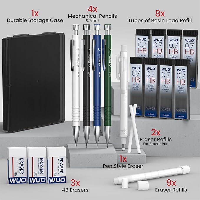 WUO 0.7 mm Mechanical Pencils with Eraser Pen Storage Case, 4 PCS